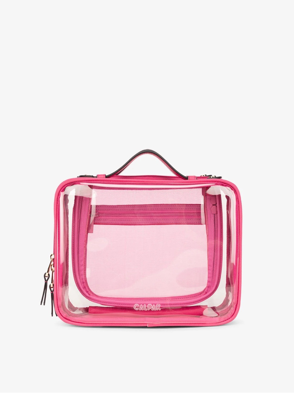 Calpak Hot Pink Clear Travel Cosmetic Pouch with Handle, Large size